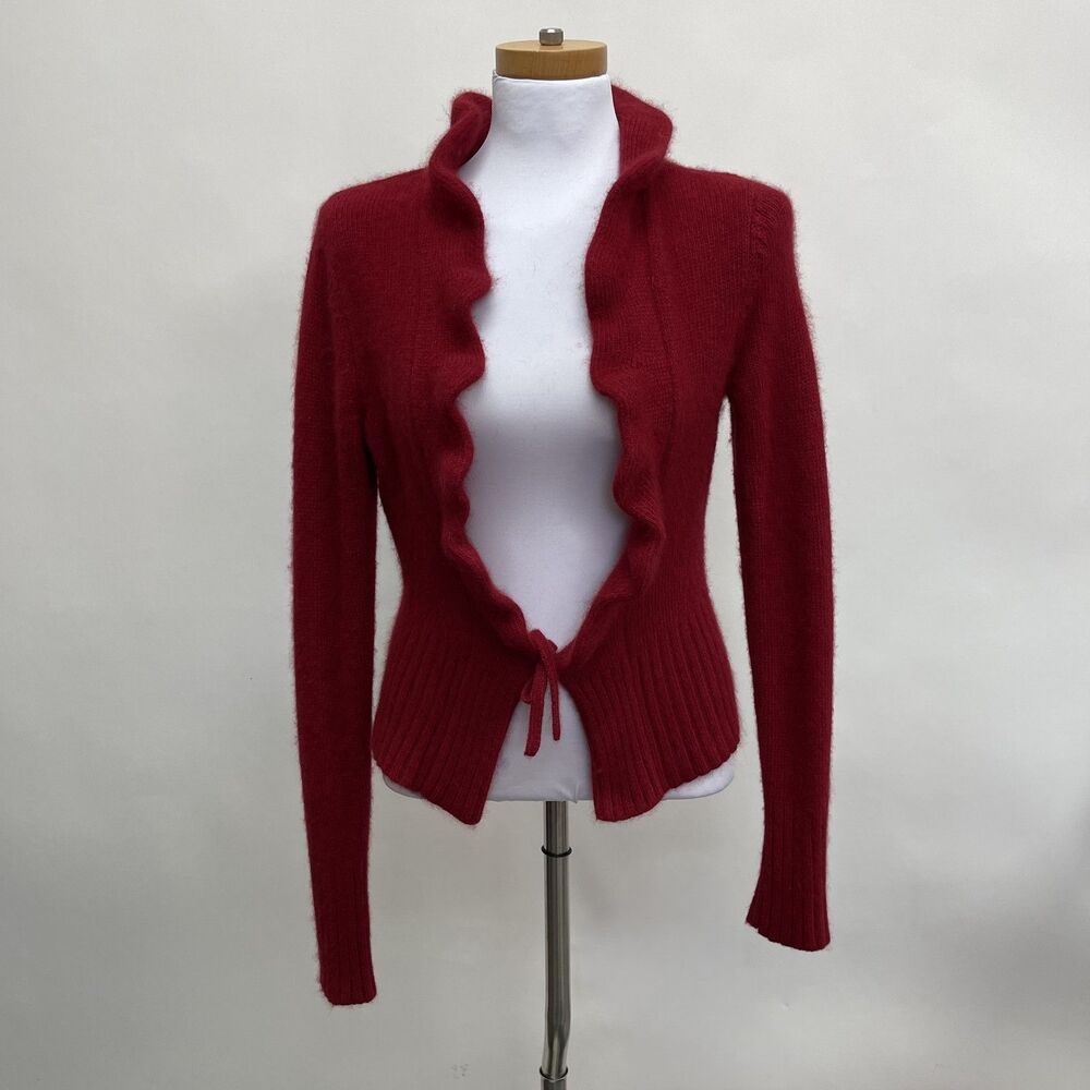 Sarah Spencer Cardigan Sweater Small Medium Burgundy Red Angora Lambswool Blend